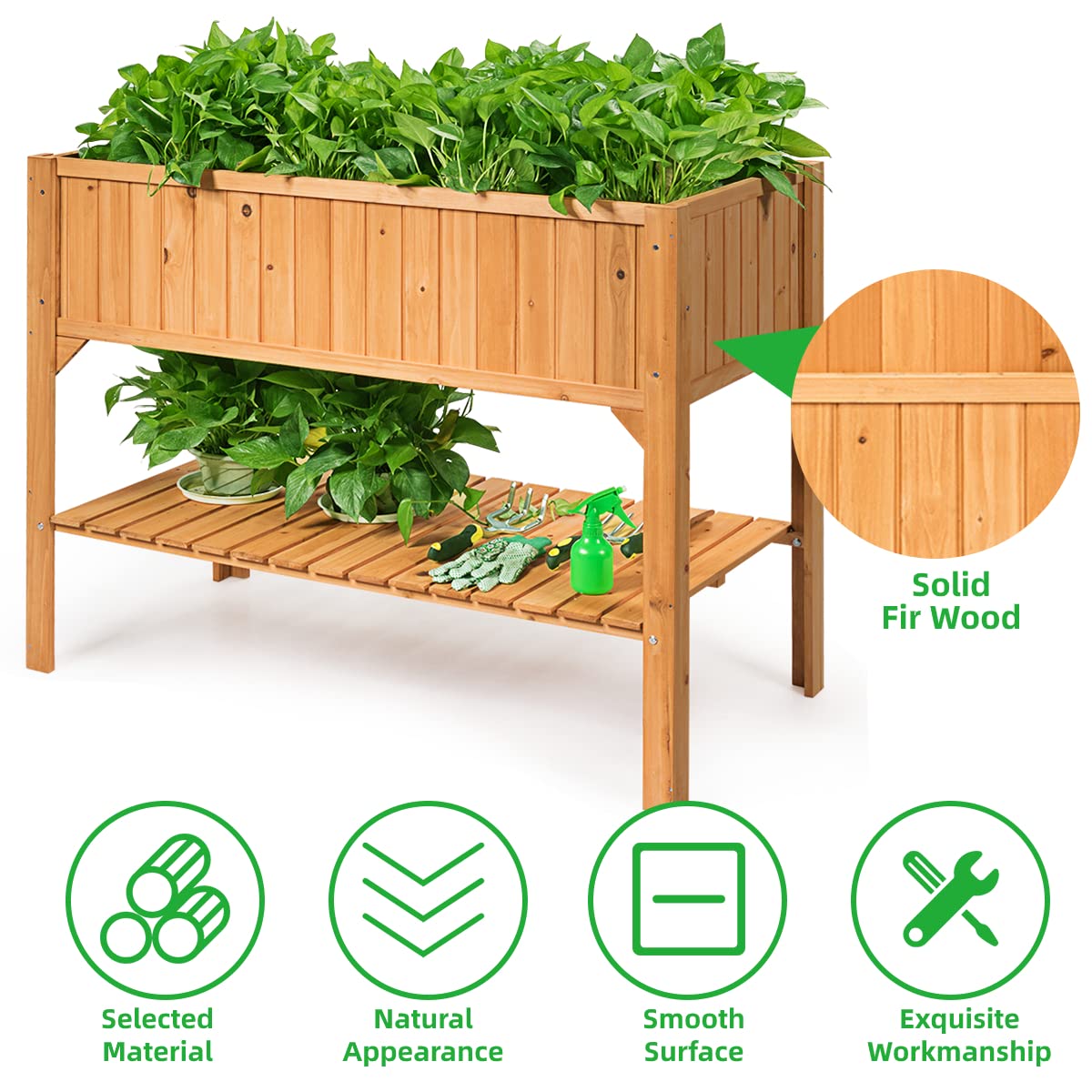 COSTWAY Raised Garden Bed, Wood Planter Box with Storage Shelf and for Vegetables, Flowers & Herbs, 2-Tier Elevated Garden Planter Bed for Backyard, COSTWAY
