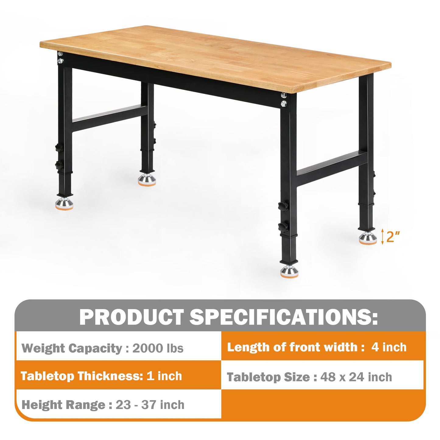 Betterhood 48" Heavy-Duty Adjustable Workbench for Garage, Rubber Wood Shop Table W/Rubber Pads, Hardwood Workstation Weight Capacity Over 2000 Lbs - WoodArtSupply