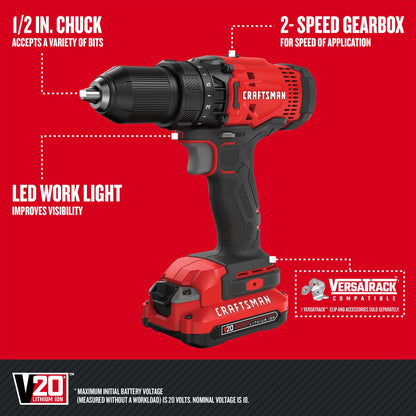 CRAFTSMAN V20 MAX Cordless Drill and Impact Driver, Power Tool Combo Kit with 2 Batteries and Charger (CMCK200C2AM)