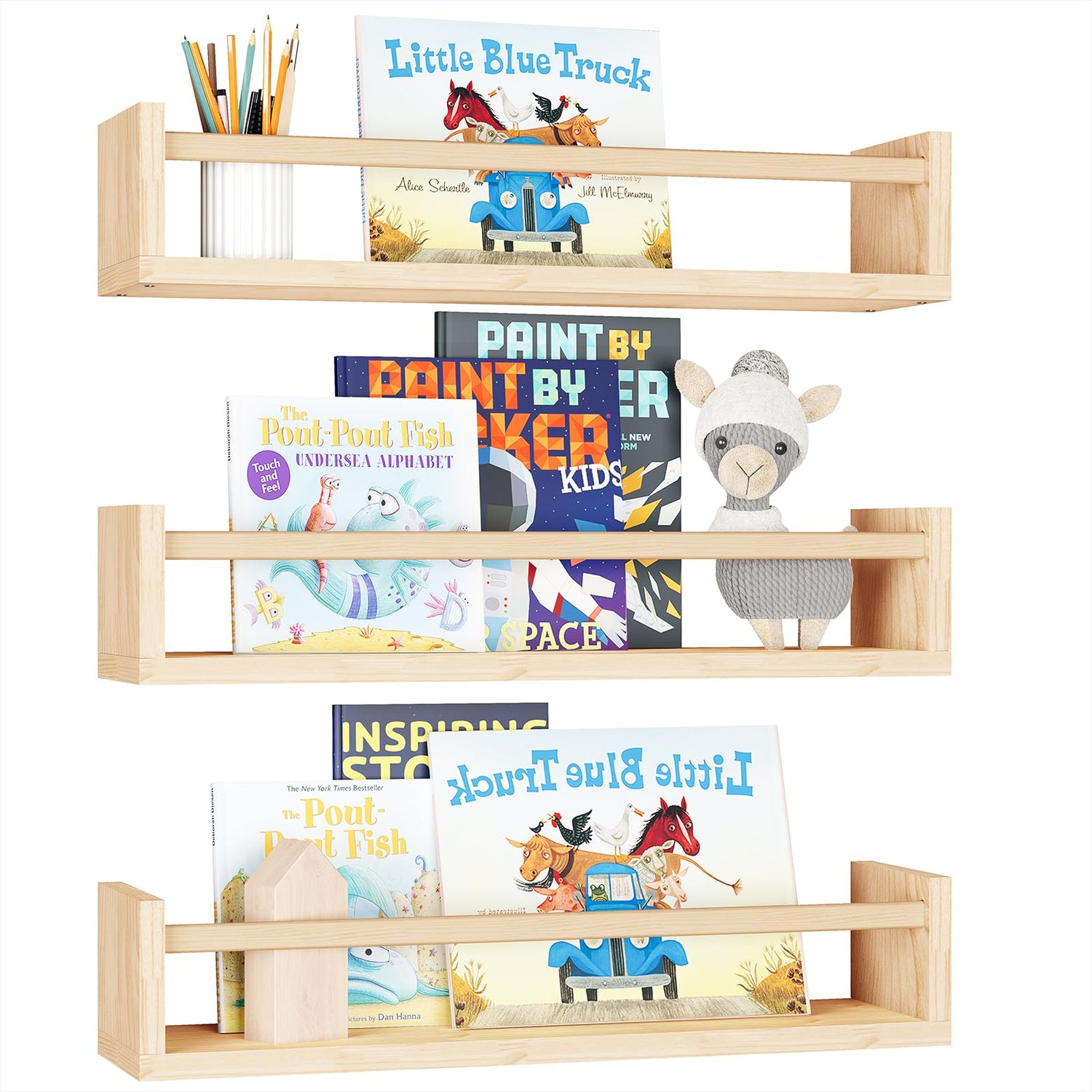 Fixwal Floating Wall Bookshelves, Baby Nursery Decor, 16.5 Inch Solid Wood Shelves for Books, Toys and Decor Storage (Natural Wood) Fixwal