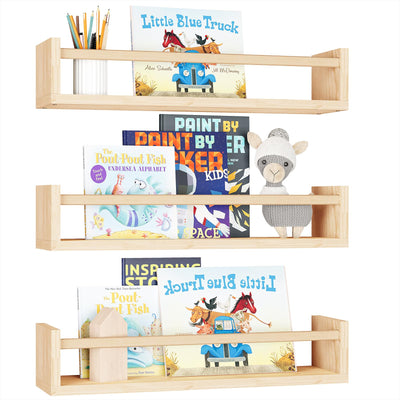 Fixwal Floating Wall Bookshelves, Baby Nursery Decor, 16.5 Inch Solid Wood Shelves for Books, Toys and Decor Storage (Natural Wood)