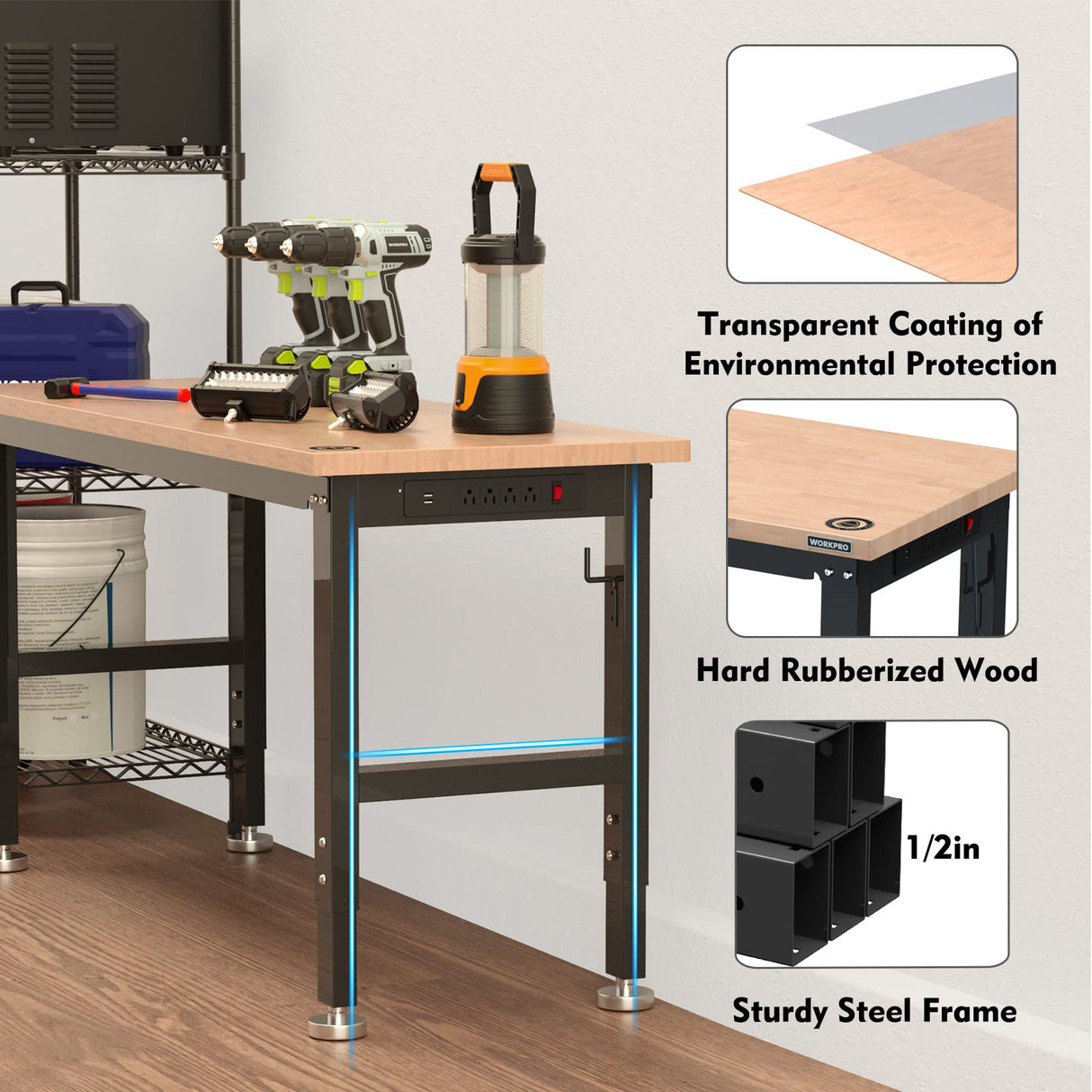 WORKPRO 60" Adjustable Workbench, Rubber Wood Top Heavy-Duty Workstation, 2000 LBS Load Capacity Hardwood Worktable with Power Outlets, for Workshop, WORKPRO