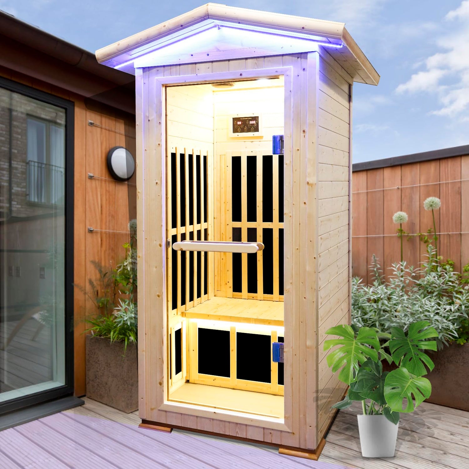 OUTEXER Outdoor Far Infrared Sauna Wooden Saunas Spa 1300W Low-EMF Dry Sauna Room for One Person Finland Spruce Wood OUTEXER