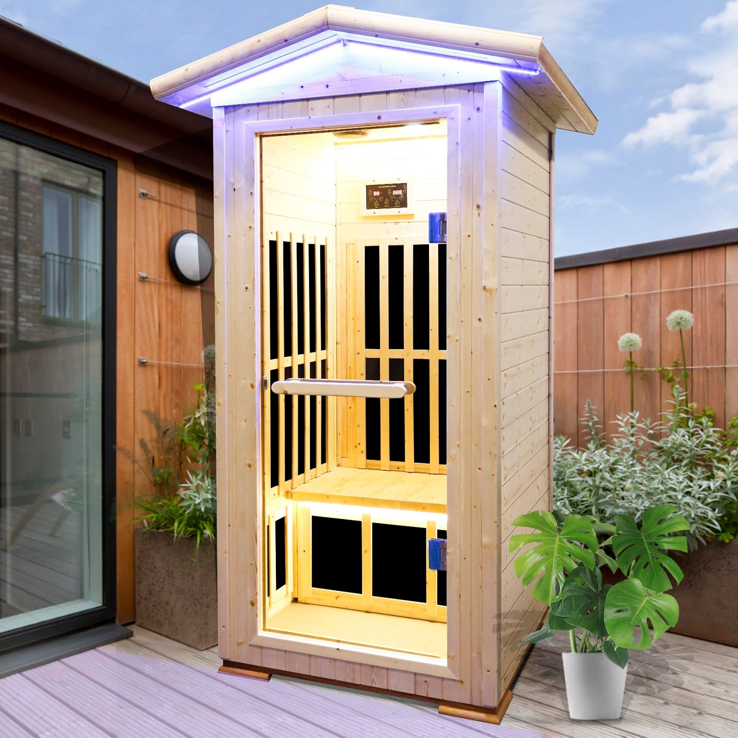 OUTEXER Outdoor Far Infrared Sauna Wooden Saunas Spa 1300W Low-EMF Dry Sauna Room for One Person Finland Spruce Wood