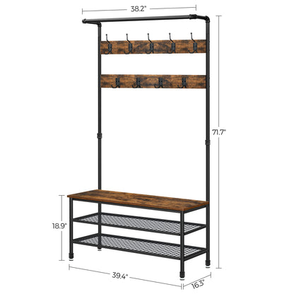 VASAGLE DAINTREE 3-in-1 Entryway Coat Rack and Storage Bench, Pipe Style Hall Tree with 9 Hooks, Multifunctional, Sturdy Steel Frame, Large Size,