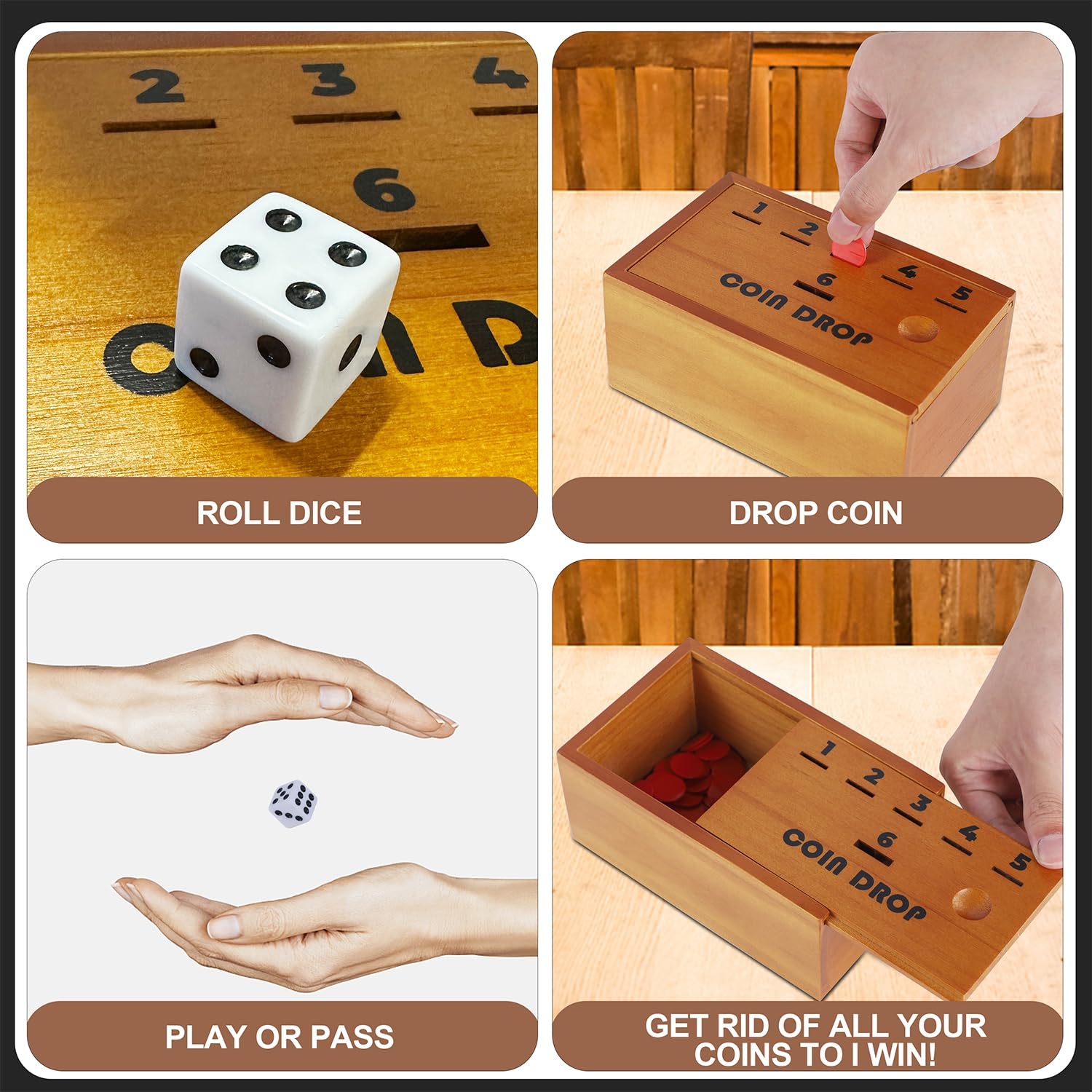 Juegoal Coin Drop Set, Pennies Dice Games for Kids and Adults, Wooden Tabletop Board Game Sets for 2-6 Player, Wood Penny Game Box Includes 48 Chips - WoodArtSupply