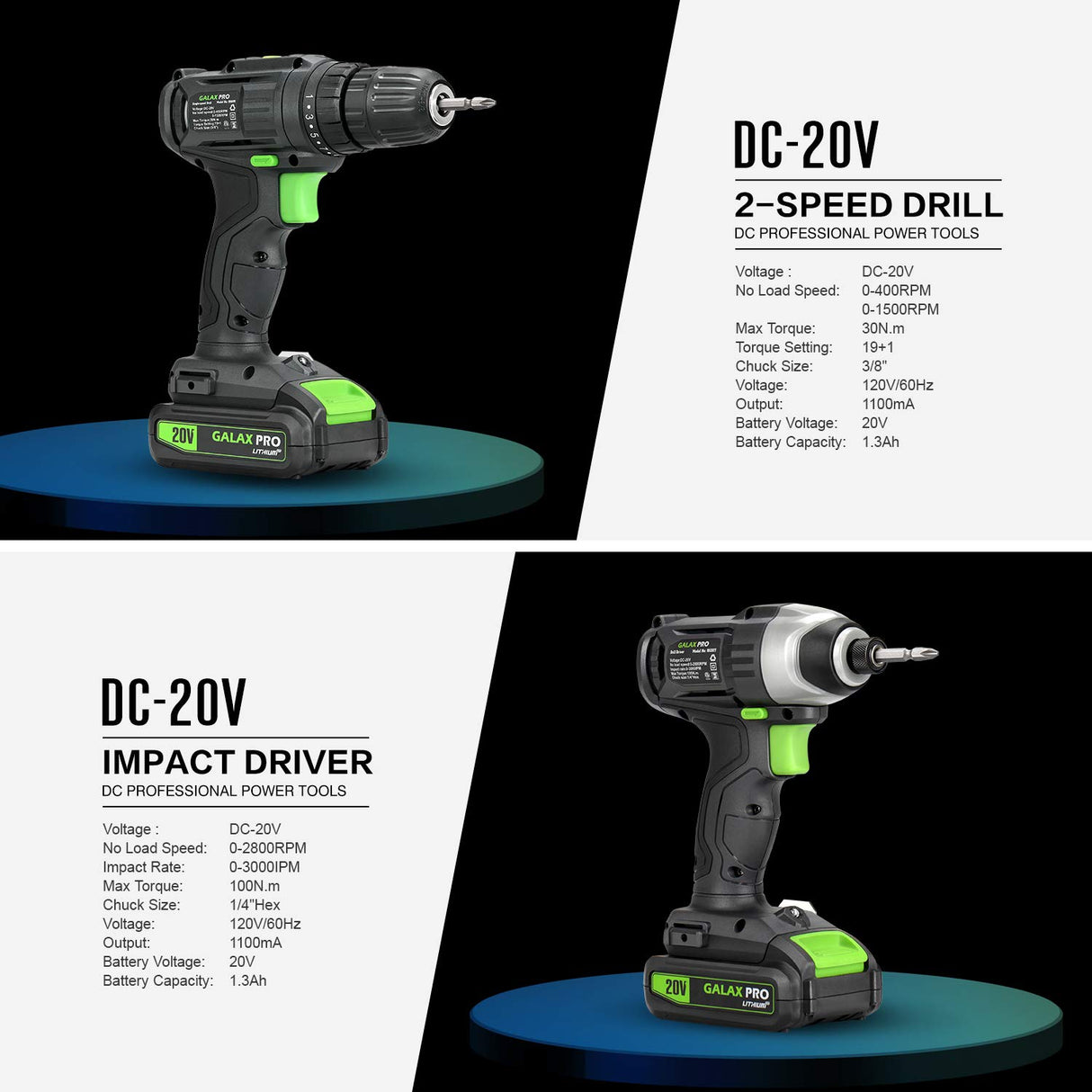 GALAX PRO Cordless Drill Driver/Impact Driver with 1pcs 1.3Ah Lithium-Ion Batteries, Charger Kit, 11pcs Accessories and Tool Bag GALAX PRO