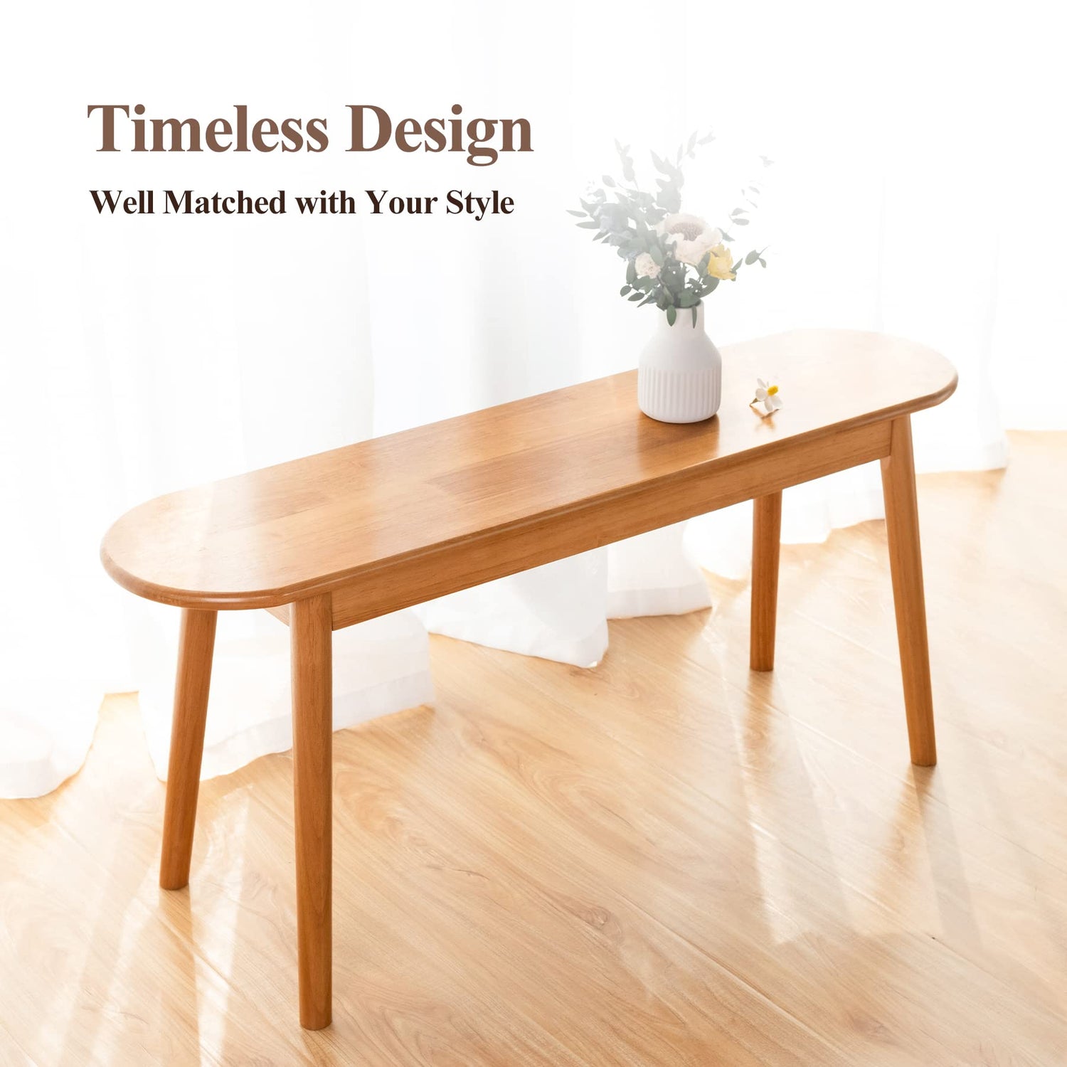 Cttasty Entryway Bench, Solid Wood Dining Bench, Midcentury End of Bed Bench w/Rounded Corner, Outdoor Bench w/Robust Construction, Bedroom Bench, Cttasty