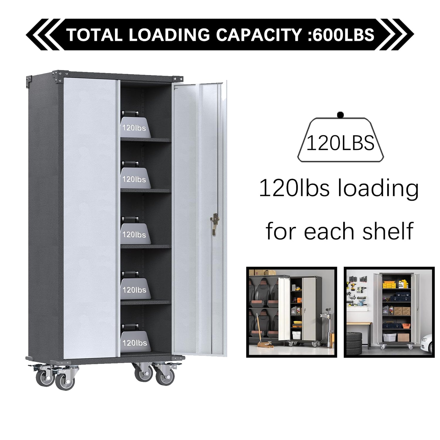 Waqiv 71'' Locking Metal Cabinet with 2 Door and 4 Adjustable Shelves, Heavy Duty Garage Storage Cabinet on Wheels, Rolling Tool Cabinets for Utility Waqiv