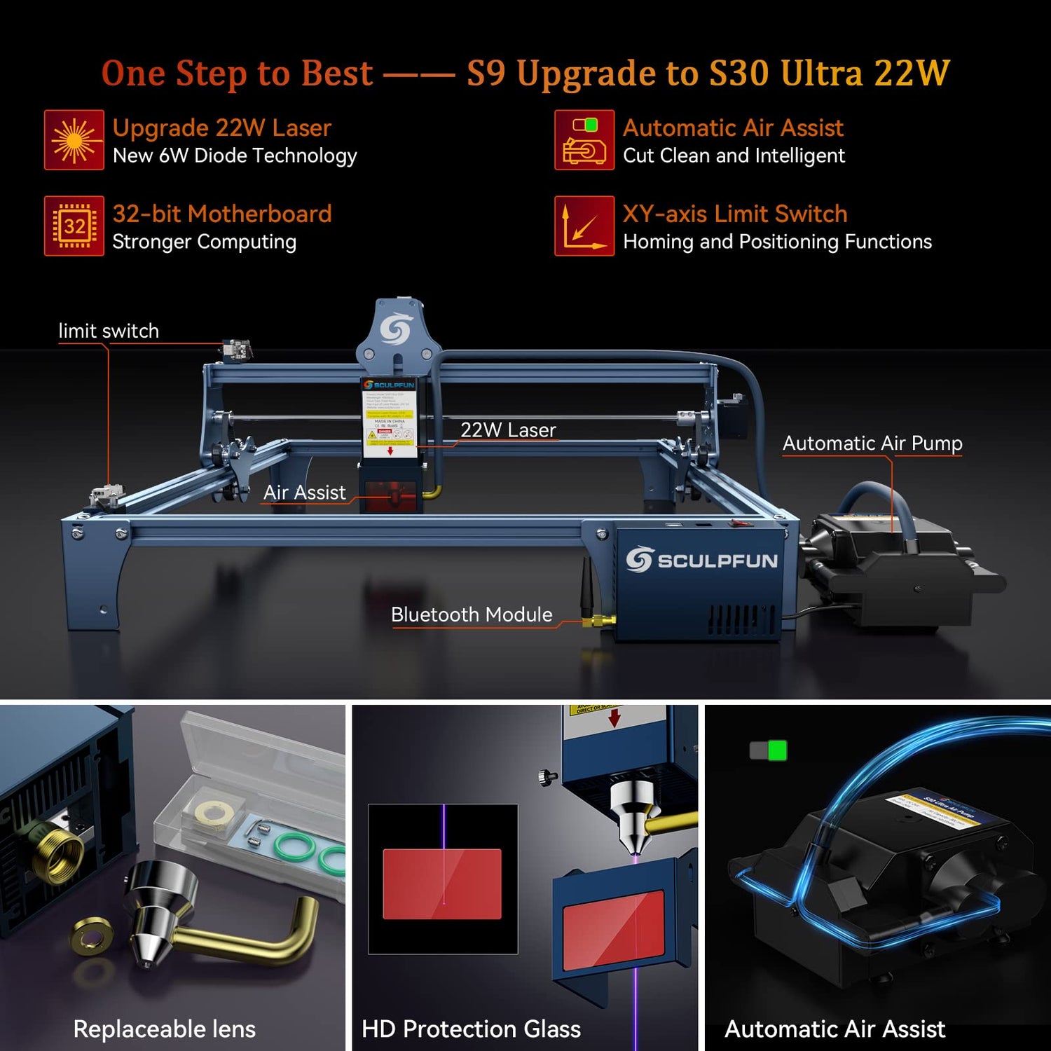 SCULPFUN S9 Laser Engraver Upgrade kit to S30 Ultra 22W, air Assist, with 22W Laser, 32 bit Main Board, Limit Switch, for Sculpfun SCULPFUN