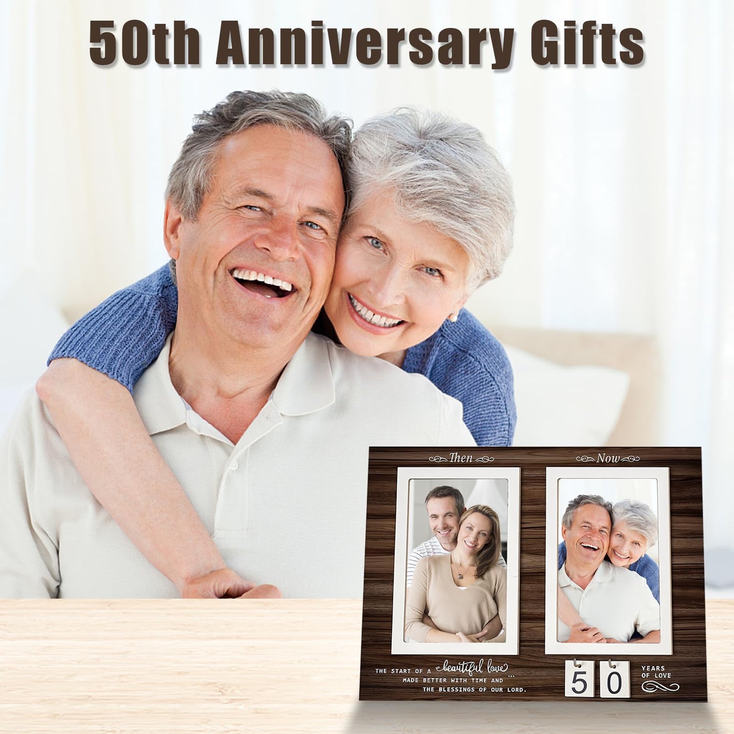 Then & Now Anniversary Picture Frame ,Holds 2 4x6 Inches Photos ,Personalized 1-99 Years 25th 40t 50th Wedding Gift Wood Photo Frames ,Picture Frame QUJOGA