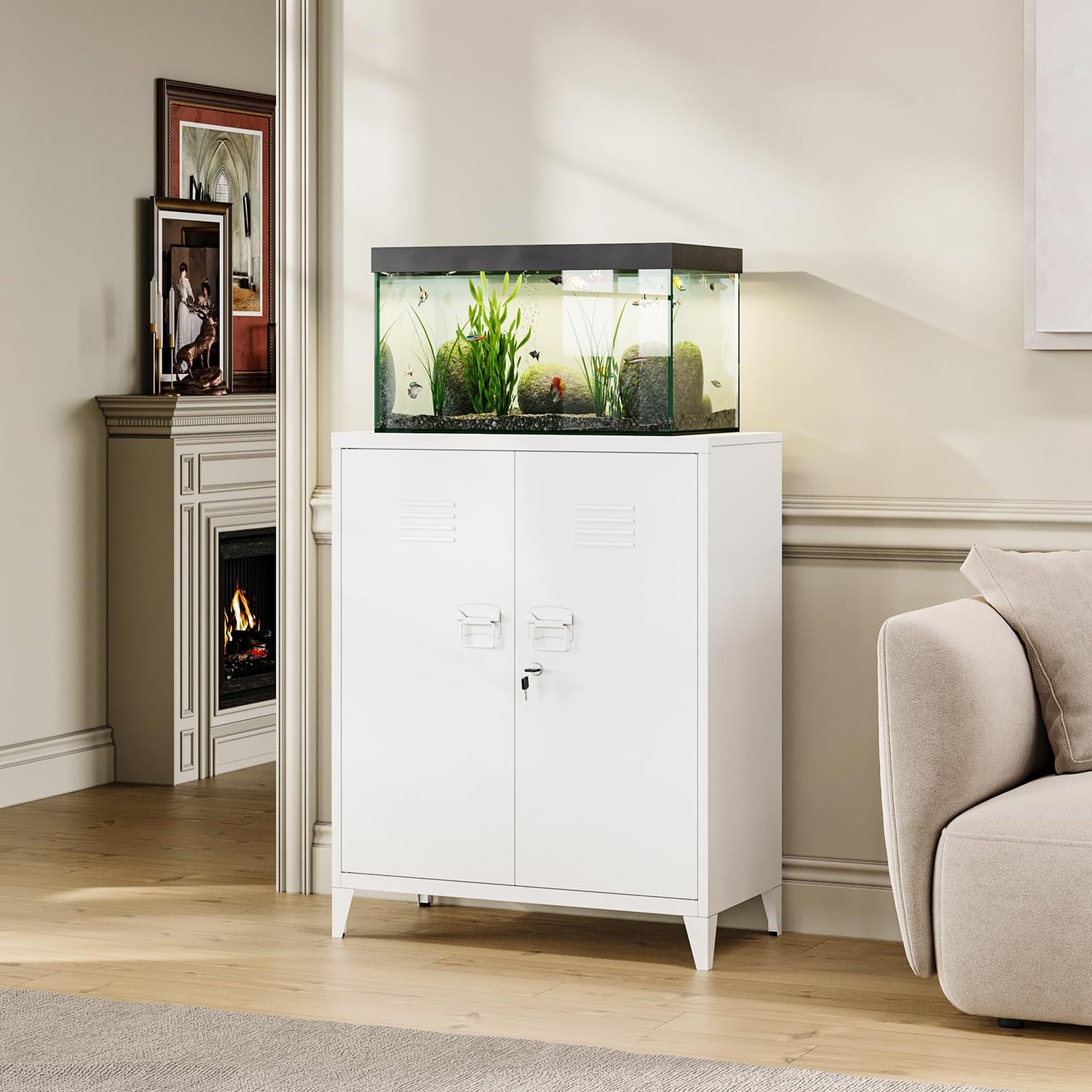 MIIIKO Metal Locker with 2 Doors, White Storage Sideboard Accent Cabinets for Kitchen, Pantry, Home Office and Bedroom MIIIKO