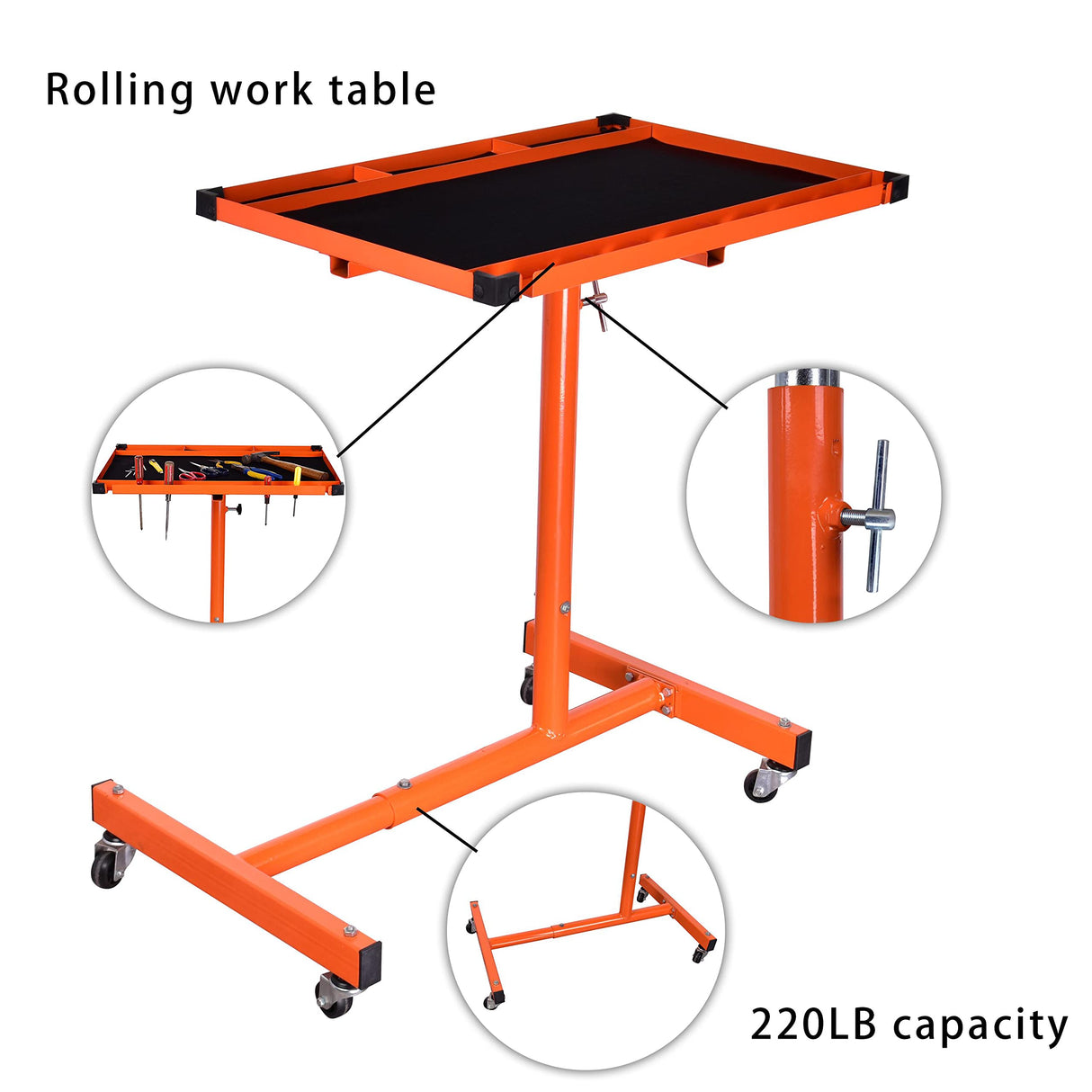Eisen ET018 Mechanics Rolling Work Table, Adjustable Mobile Tray Table for Shop, Garage, DIY. Tool Tray Cable With Wheels. 220 lb. Capacity, orange Eisen Home