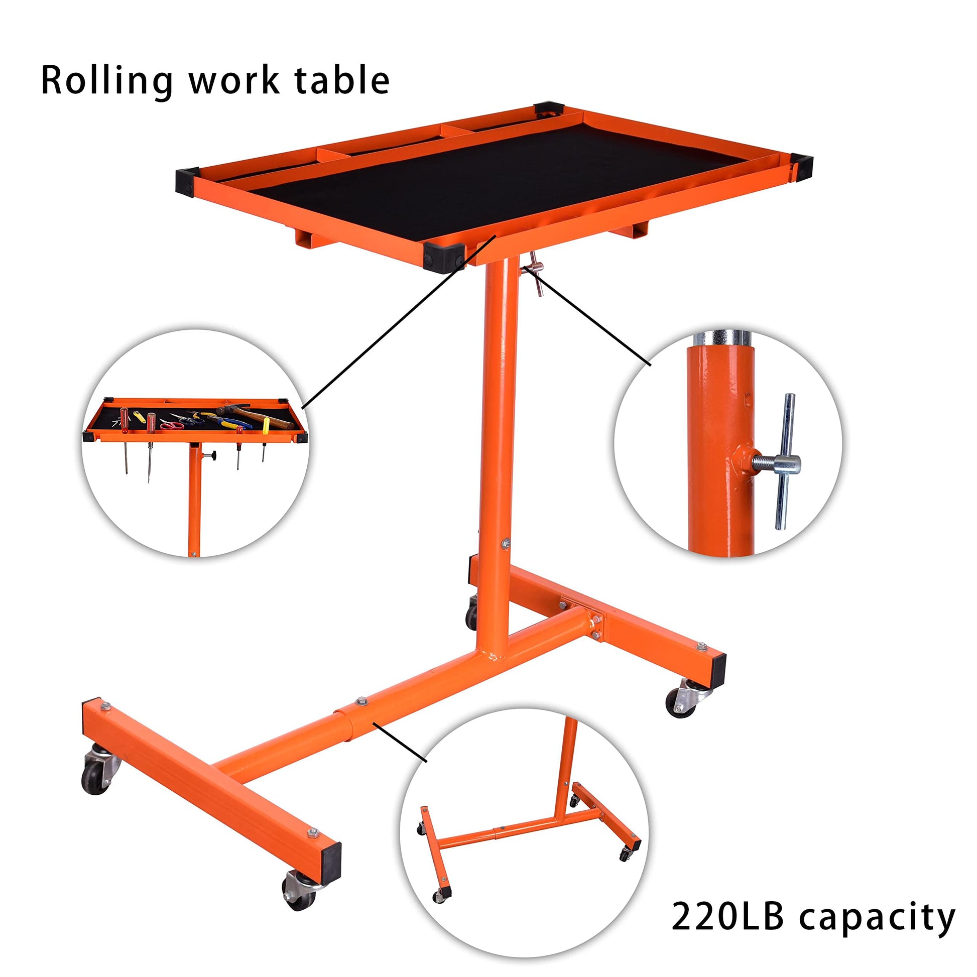 Eisen ET018 Mechanics Rolling Work Table, Adjustable Mobile Tray Table for Shop, Garage, DIY. Tool Tray Cable With Wheels. 220 lb. Capacity, orange - WoodArtSupply