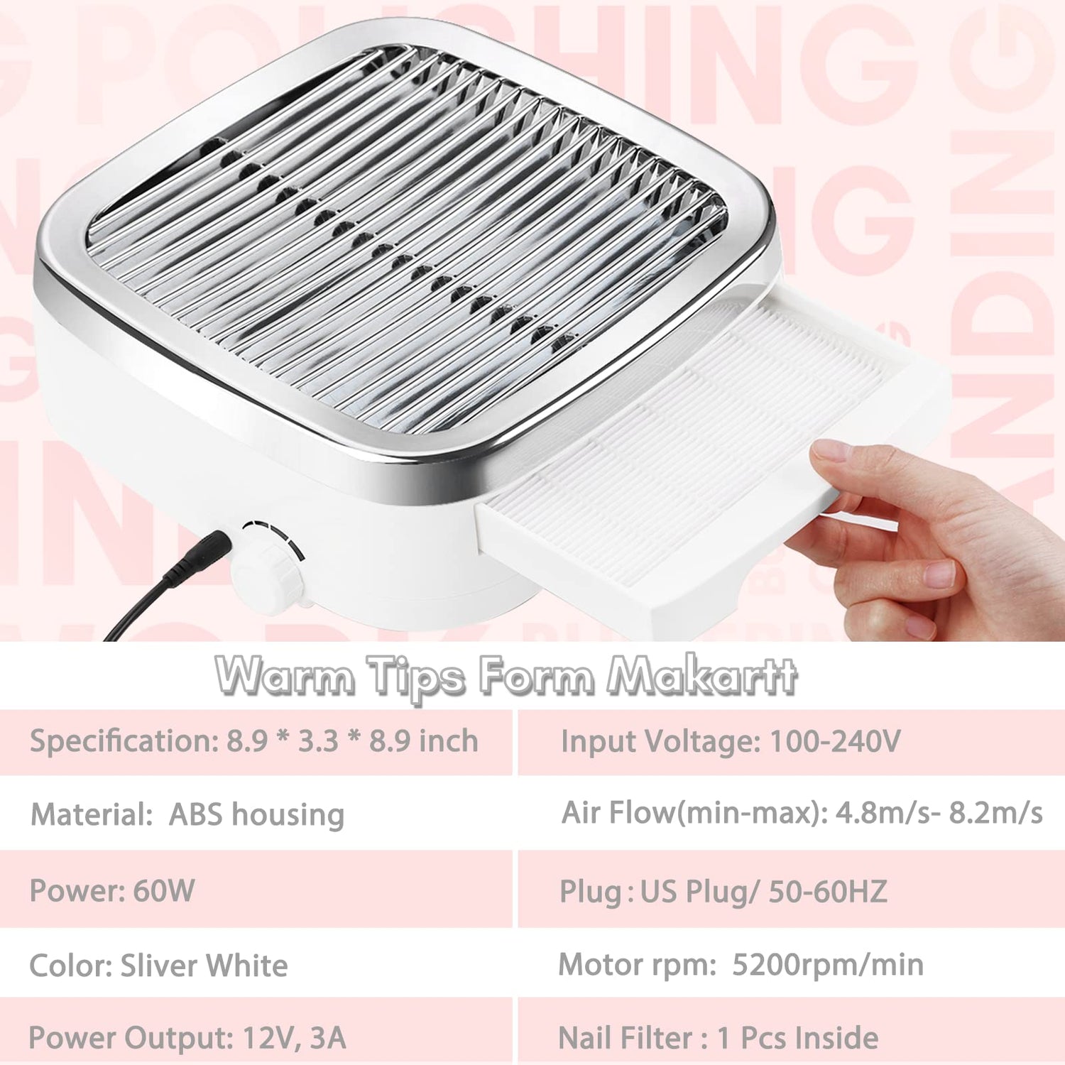 Makartt Nail Dust Collector 60W Extractor Vacuum Dust Collector for Nails Acrylic Nail Drill Dust Extractor Beauty Gift Nail Salon Equipment with 2 Makartt