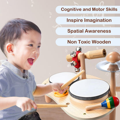 CozyBomB Kids Drum Set for Toddlers: Montessori Musical Instruments Set Toddler Toys - 7 in 1 Wooden Musical Kit Baby Sensory Educational Toys - - WoodArtSupply