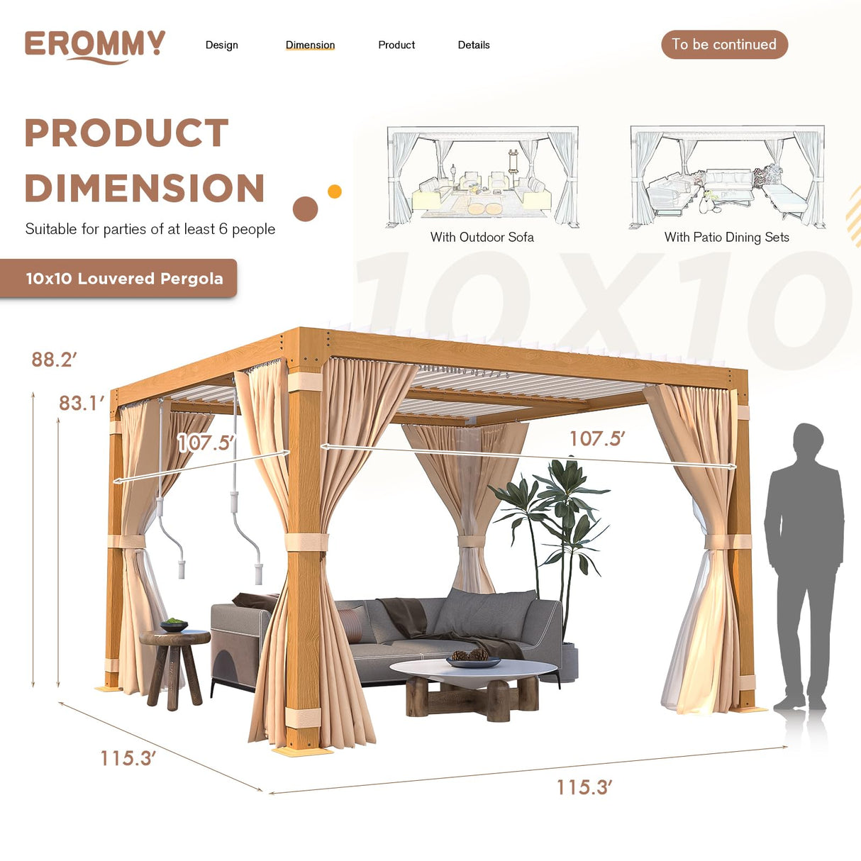 EROMMY Louvered Pergola 10' x 10' Outdoor Hard Top Gazebo with Wooden Grain Aluminum Frame and Adjustable Metal Rainproof Roof for Garden & Patio, EROMMY