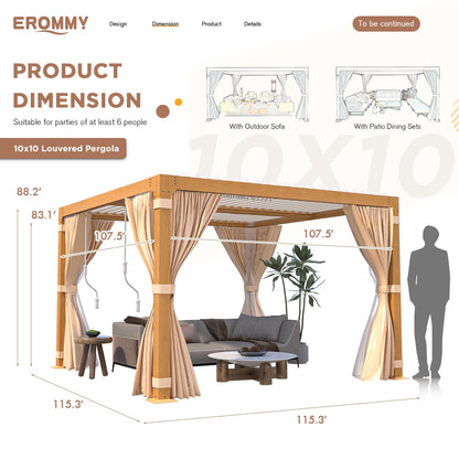 EROMMY Louvered Pergola 10' x 10' Outdoor Hard Top Gazebo with Wooden Grain Aluminum Frame and Adjustable Metal Rainproof Roof for Garden & Patio,