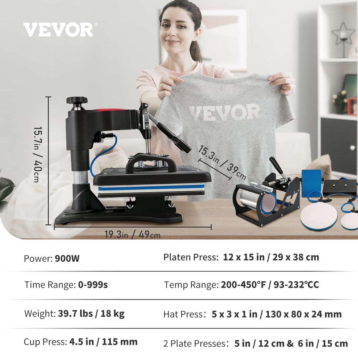 VEVOR Heat Press, 5 in 1 Heat Press 12x15 Machine Machine, Digital Precise Temperature Control, Clamshell Sublimation Transfer Printer Fast Heat-up, VEVOR