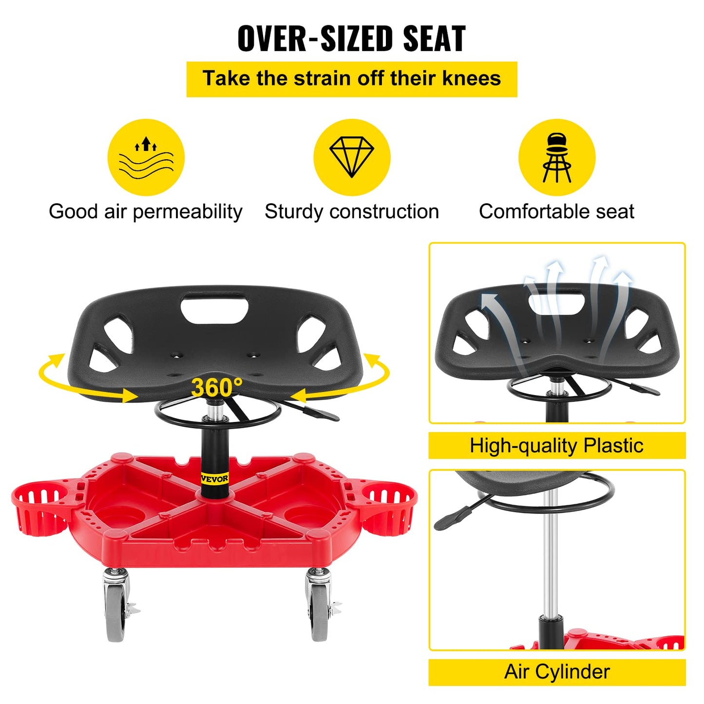 VEVOR Rolling Garage Stool, 300LBS Capacity, Adjustable Height from 18 in to 23 in, 360-degree Swivel Wheels (4"), Large Tool Tray with Two Bottle - WoodArtSupply