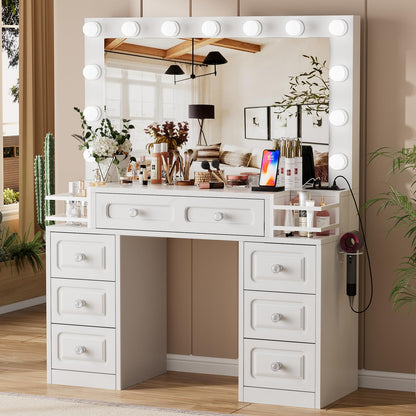 FURNJOYLIFE Farmhouse Makeup Vanity Desk with Lighted Mirror & Power Outlet, Vanity Dresser Table with 3 Lighting Modes Brightness Adjustable,7