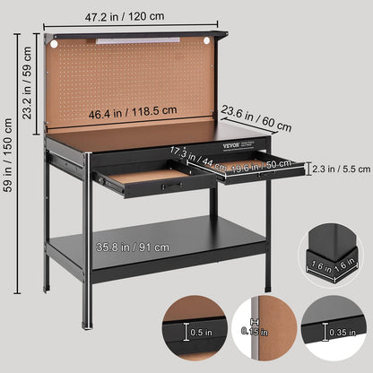 VEVOR Workbench A3 Steel Work Bench for Garage max. 1500W Heavy Duty Workbench 220lbs Weight Capacity 0.47" Bench top Thickness Hardwood Workbench - WoodArtSupply