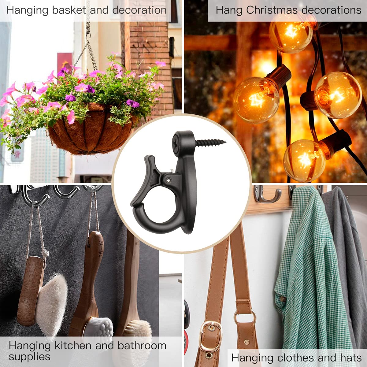 Elrswy Light Hanger Hooks,String Light Hooks,Screw-in Hooks for Hanging String Lights and Wire,Plants,Wind Chimes,Plastic,Black,20 Pack Elrswy