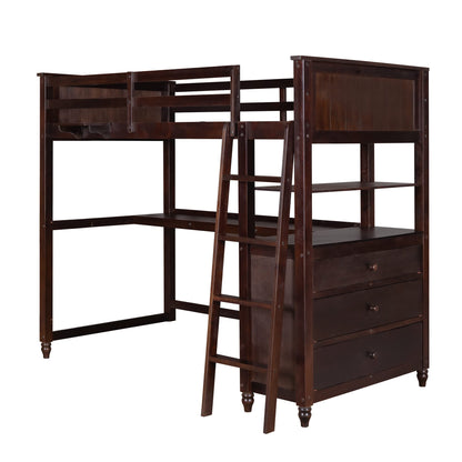 Twin Loft Bed with Desk and Storage Drawers, Wood Loft Bed Frame with Dresser and Ladder for Kids Adults Boys Girls Teens, Espresso