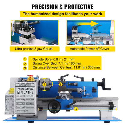 BestEquip Metal Lathe 7" x 14",Mini Metal Lathe 0-2500 RPM Variable Speed,Mini Lathe with 4" 3-jaw Chuck,Bench Top Metal Lathe, Benchtop Lathe, for