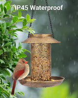SWEETFULL Solar Bird Feeder for Outdoors Hanging, Metal Wild Bird Feeder for Cardinals Solar Garden Lantern with S Hook as Gift for Bird Lovers (2LBs SWEETFULL