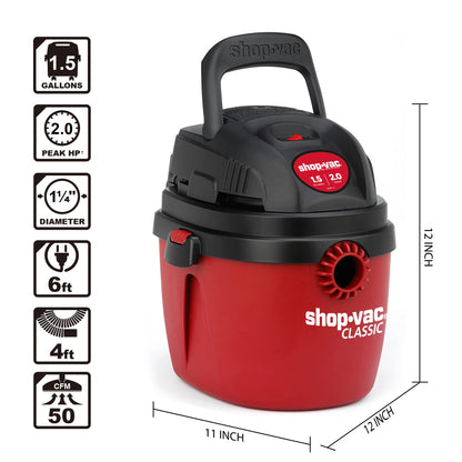 Shop-Vac 1.5 Gallon 2.0 Peak Wet Dry Vacuum, Portable Compact Shop Vacuum with Collapsible Handle Wall Bracket & Attachments, ‎2030100 - WoodArtSupply