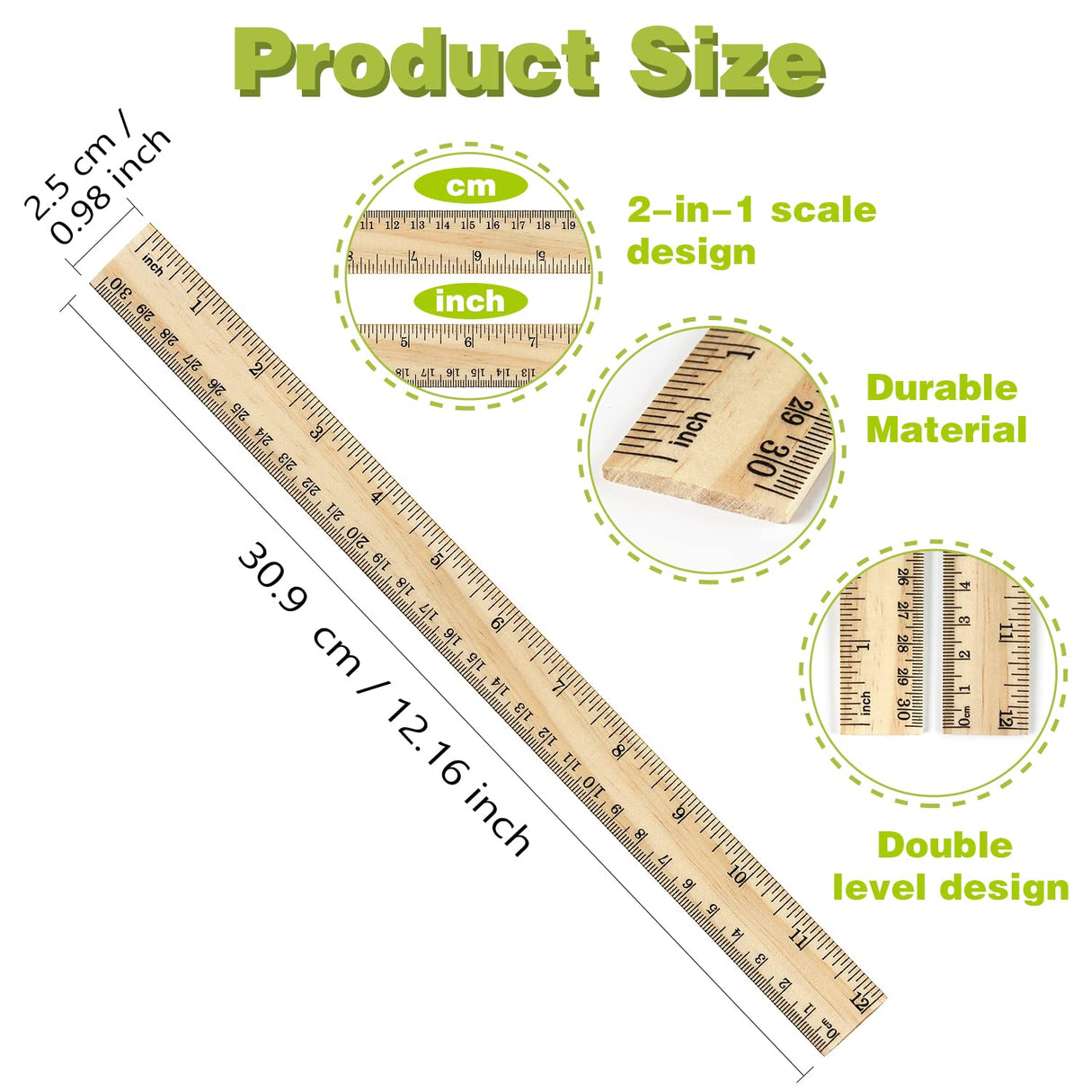 3 Pack Wooden Ruler 12 Inch Rulers Bulk Wood Measuring Ruler for Students Office School Supplies 2 Scale (30 cm) ZZTX