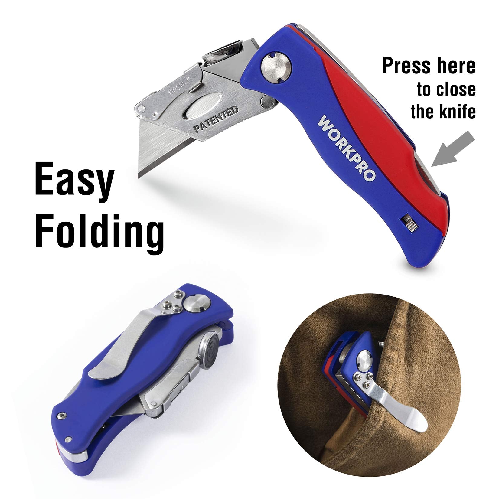 WORKPRO Folding Utility Knife, Quick-Change Box Cutter, Blade Storage in Handle with 5 Extra Blades Included - WoodArtSupply