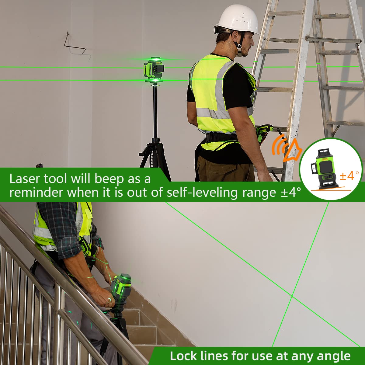 Huepar 4x360 Laser Level Self-leveling 16 Lines Green Beam 4D Cross Line Tiling Floor Tool-2 x 360 Horizontal & 2 x 360 Vertical Laser Lines with Two Huepar