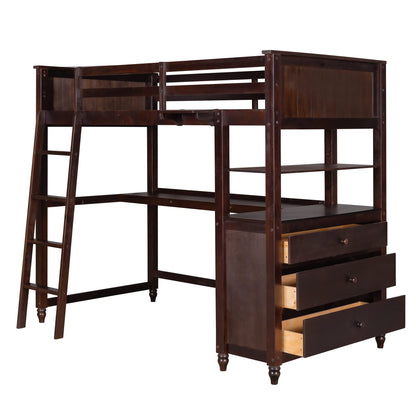 Twin Loft Bed with Desk and Storage Drawers, Wood Loft Bed Frame with Dresser and Ladder for Kids Adults Boys Girls Teens, Espresso