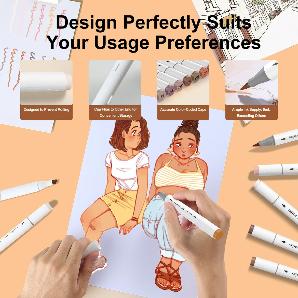 Skin Tone Alcohol Marker Set - 25 Dual-Tipped Brushes for Art, Drawing, and Coloring - Fast-Drying, Blendable Ink Marks on Paper, Plastic, Metal, and SFAIH