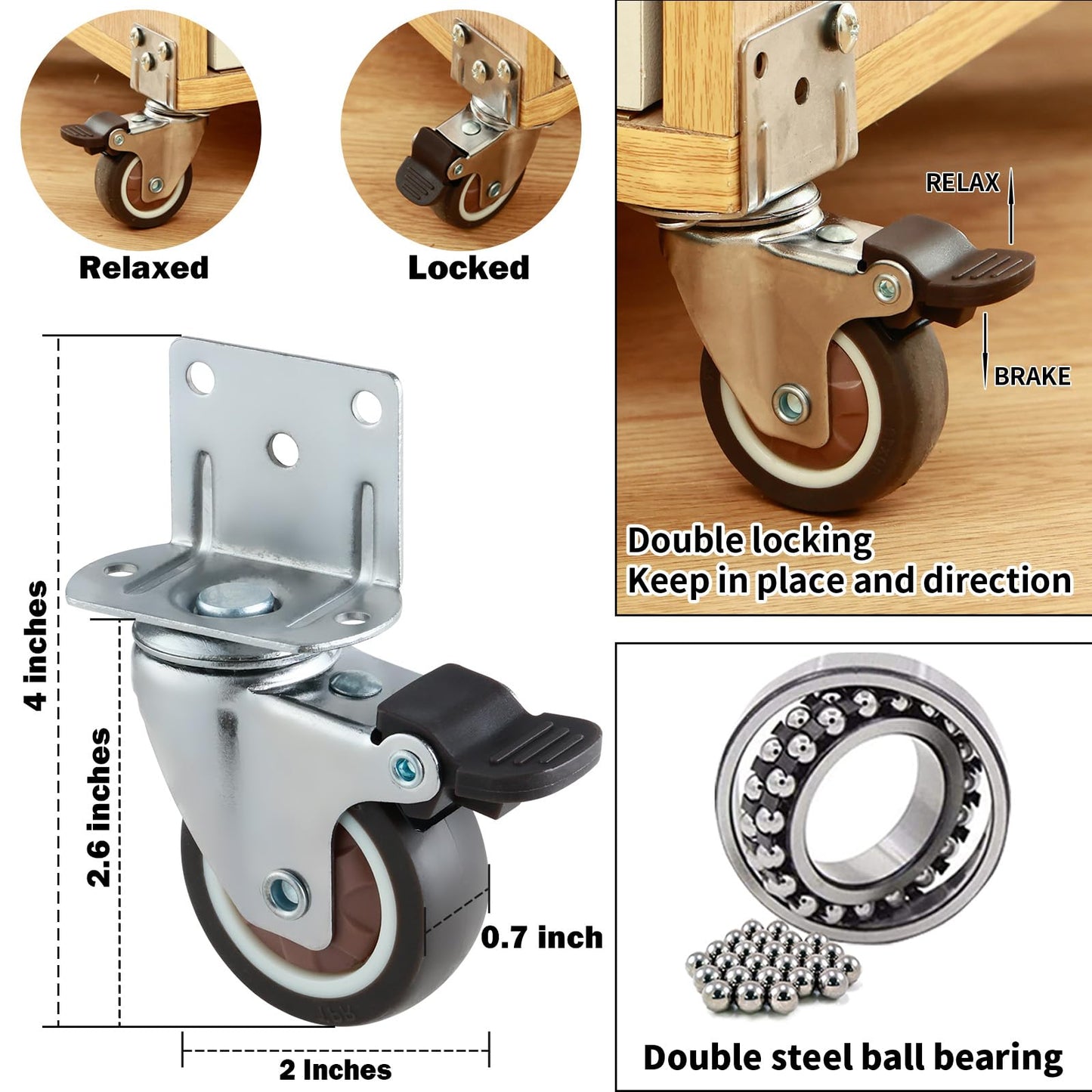 2 Inches Side Mount Caster Wheels Set of 8 L-Shaped TPR Rubber Locking Swivel Casters Heavy-Duty Double Plate Castor with Brake Industrial Metal - WoodArtSupply