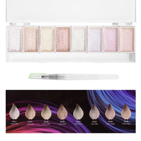 LIGHTWISH Metallic Waterolor Paints,8 Aurora Colors,Artist Glitter Solid Watercolors with 1 Water Brush Pen for Artists, Students and Beginners LIGHTWISH
