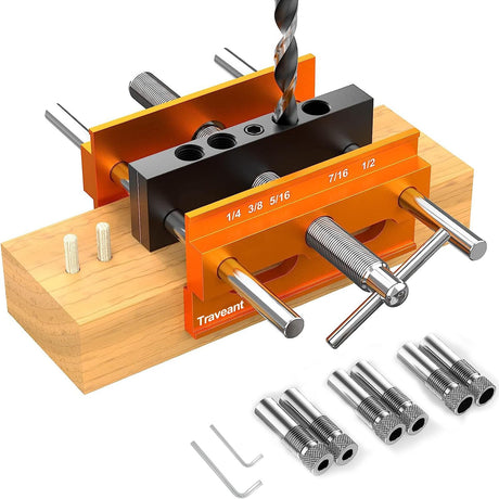 TRAVEANT Self Centering Dowel Jig kit, Drill Guide Bushings Set, Wood Working Tools Drill and Accessories, Adjustable Width Drilling Guide Power Tool Traveant
