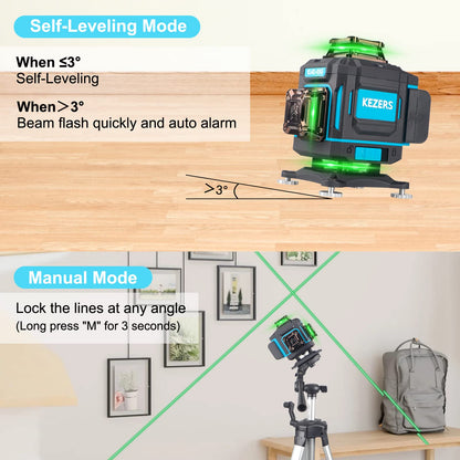 KEZERS Laser Level 360 Self Leveling,4 x 360 Laser Level with Screen Green Laser Level Line tool Leveling and Alignment Laser Tool with Pulse Mode - WoodArtSupply