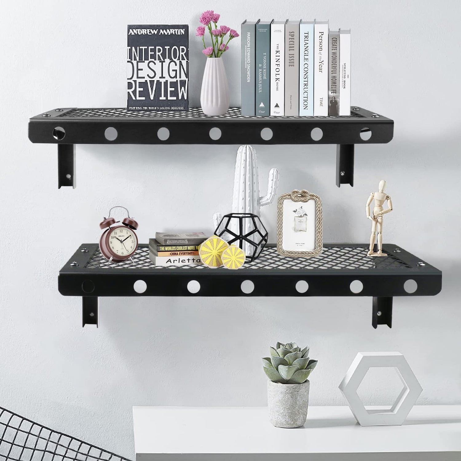 Sedesbon Set of 2 Black Floating Wall Shelves with Mesh Panels for Versatile Home Decor Sedesbon