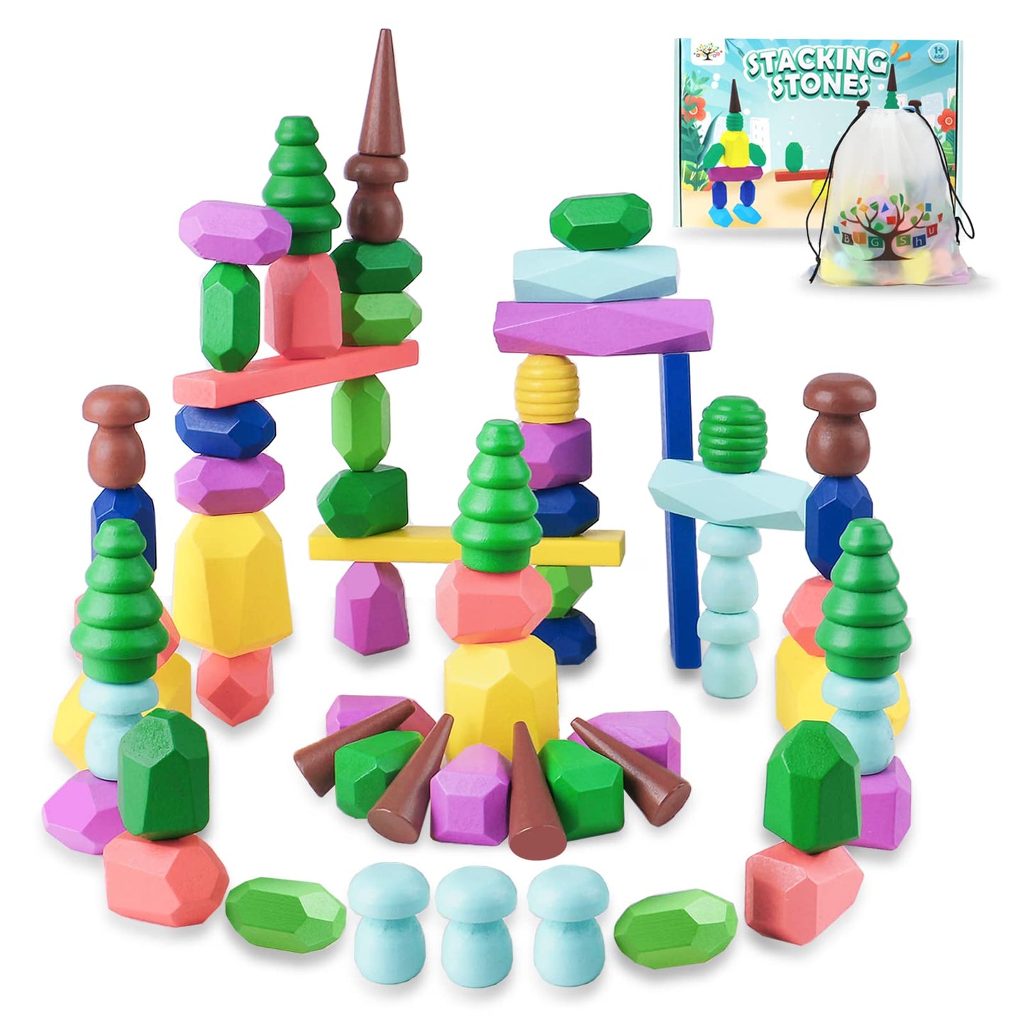 Toys for 3 Year Old Boys Girls, 36 PCS Colorful Wooden Sorting Stacking Rocks for Toddlers 3-4 Montessori Sensory Building Blocks for Kids Ages 4-8,