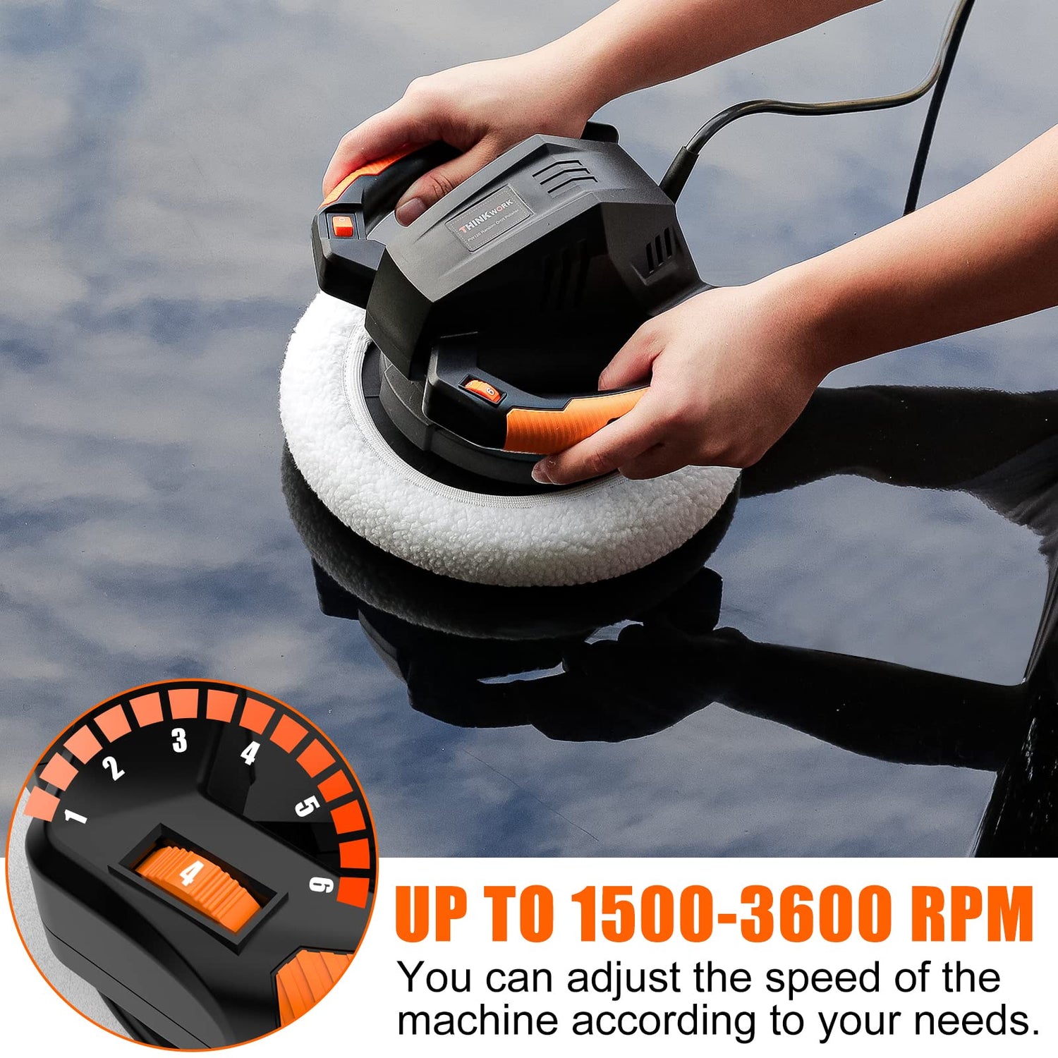 THINKWORK Buffer Polisher,10 Inch Car Polisher Sets with 4 Buffing and Polishing Bonnets,6 Variable Speed 1500-3600 RPM,Double handle, Ideal for Car THINKWORK