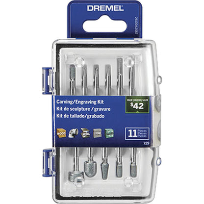 Dremel 729-01 Carving & Engraving Rotary Tool Accessories Kit, 11-Piece Assorted Set - Perfect for Use On Wood, Metal, and Glass, Gray