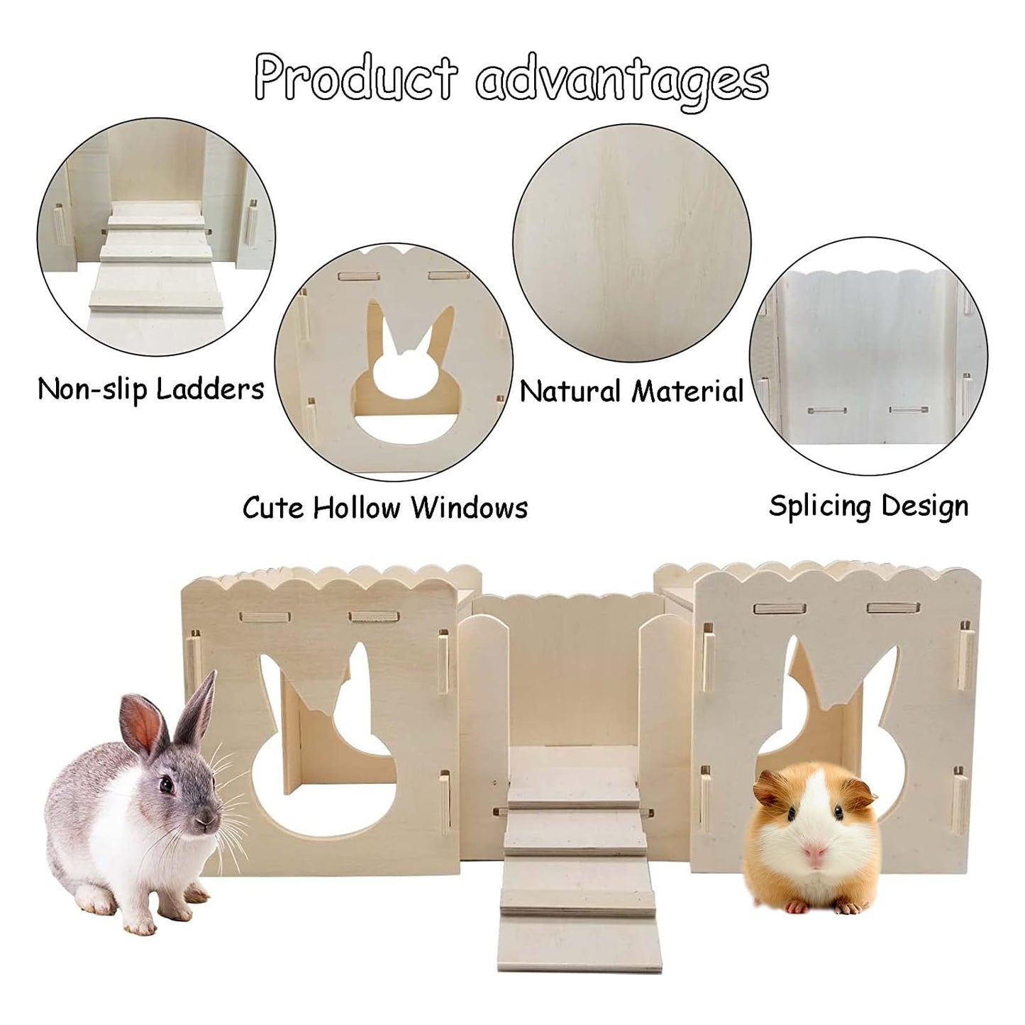 kathson Bunnyt Wooden Castle Guinea Pig Hideout Bunny Play House Detachable Hideaway Hut Small Animals Habitat for Dwarf Rabbit Guinea Pig Chinchilla - WoodArtSupply