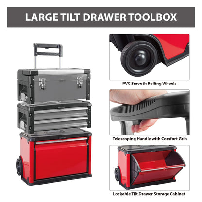 BIG RED Stackable Rolling Tool Box Portable Metal Toolbox Organizer,Separate Rolling Upright Trolley Tool Chest with Wheels and 2 Drawers for