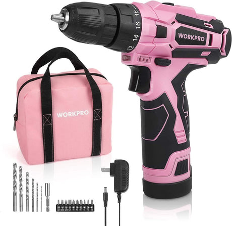 WORKPRO Pink Cordless Drill Driver Set, 12V Electric Screwdriver Driver Tool Kit, 3/8" Keyless Chuck, Charger and Storage Bag Included - Pink Ribbon WORKPRO