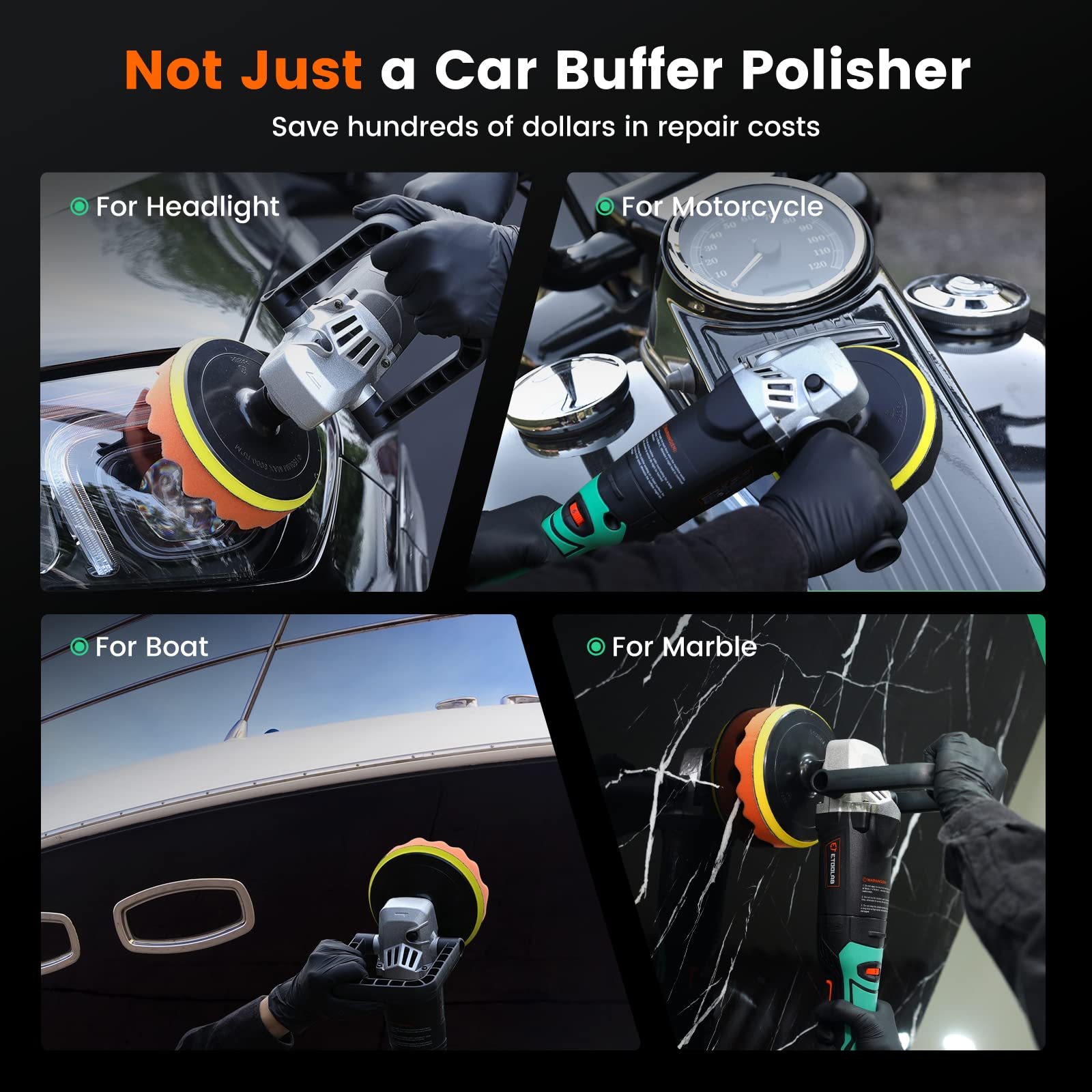 24pcs Professional Buffer Polishers,[3D Cooling Tech] 1200W Car Buffers Kit, ETOOLAB 6 Variable Speed (3500RPM Max)Polisher Detachable - WoodArtSupply