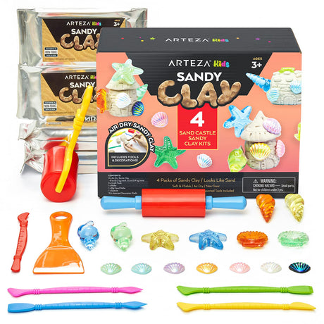 Arteza Kids Air Dry Modeling Clay Kit, 4 x 8-oz Packs Sensory Play Sand, 8 Sandy Clay Tools, 15 Decoration Shells, Art and Craft Supplies Arteza Kids