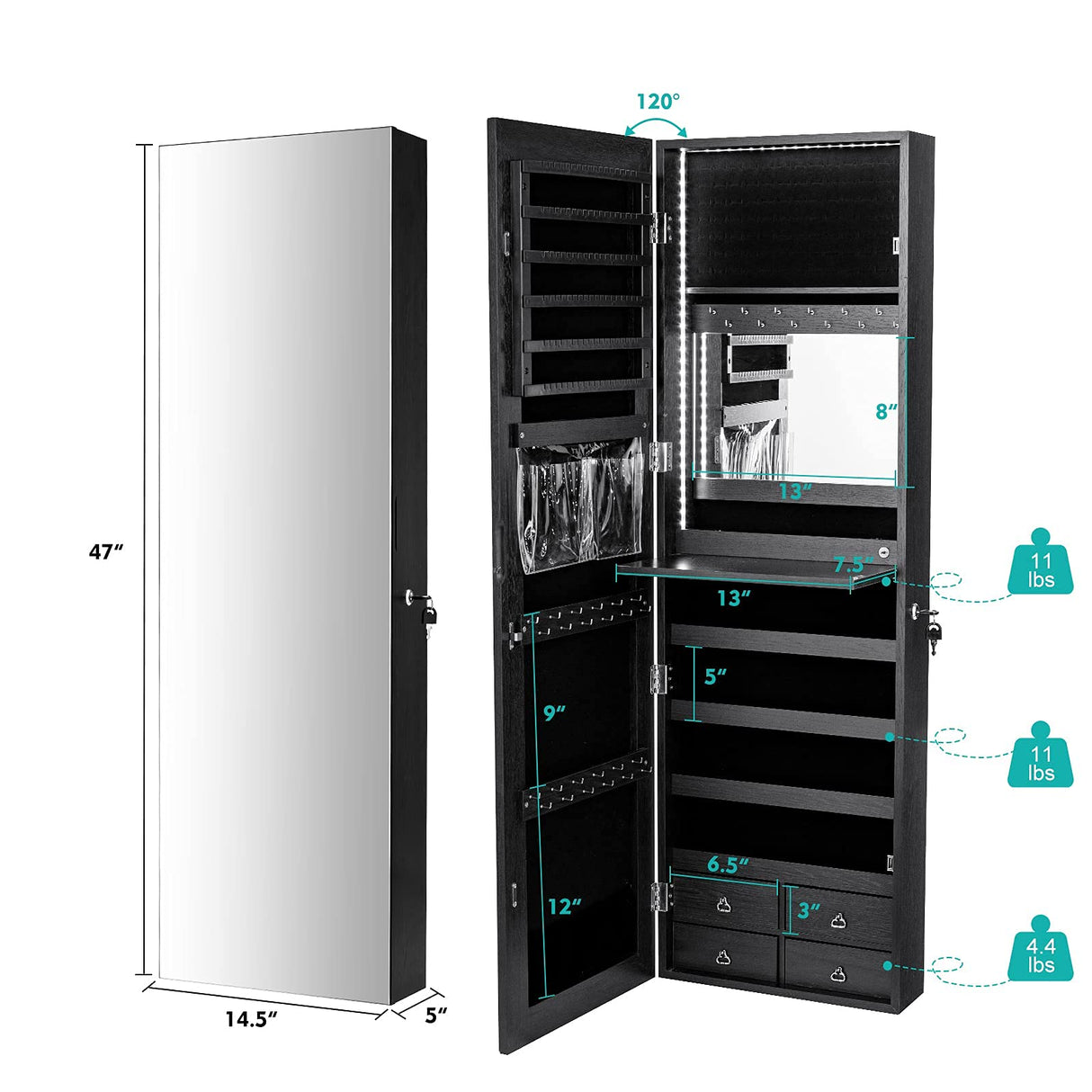 CHARMAID LED Strip Jewelry Armoire with 47.2" H Full Length Mirror, Wall/Door Mounted Jewelry Organizer with Built-in Mirror, Flip-over Cosmetic CHARMAID